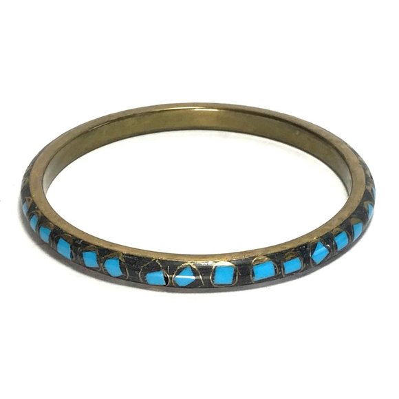 Vintage Brass and Turquoise Glass? Mosaic Bangle Bracelet Tribal Boho - Picture 5 of 5